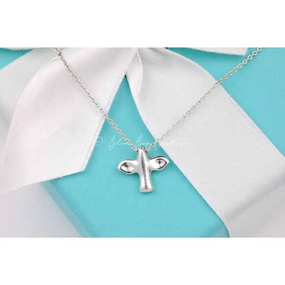 Tiffany & Co Elsa Peretti Mini Dove Bird Cross Pendant 16" Necklace Silver w/ Po - Picture 3 of 9